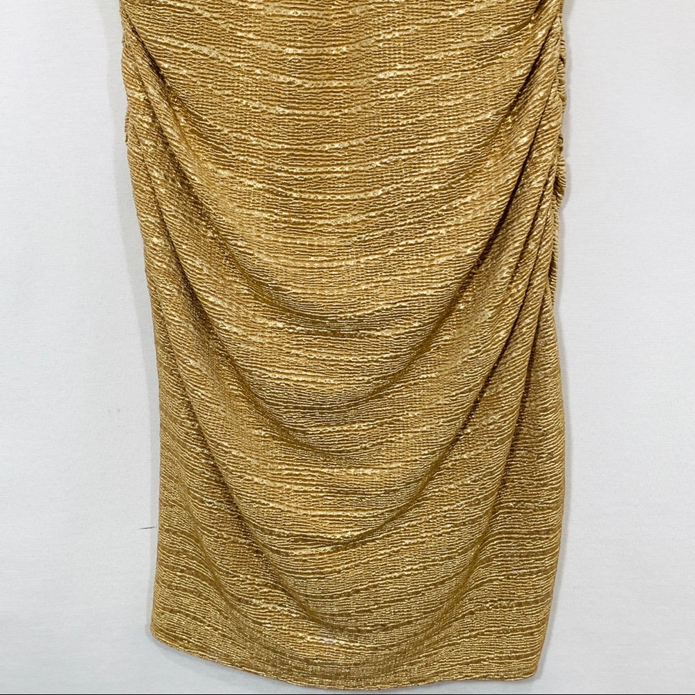 Gold Ruched Elegant Dress Embellished Neckline 10 - Picture 5 of 8